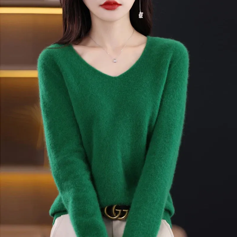 Wolle Damen pullover 2023 Herbst Winter Strick pullover V-Ausschnitt Loose Bottom ing Shirt solide weiche Strick pullover Basic Pullover