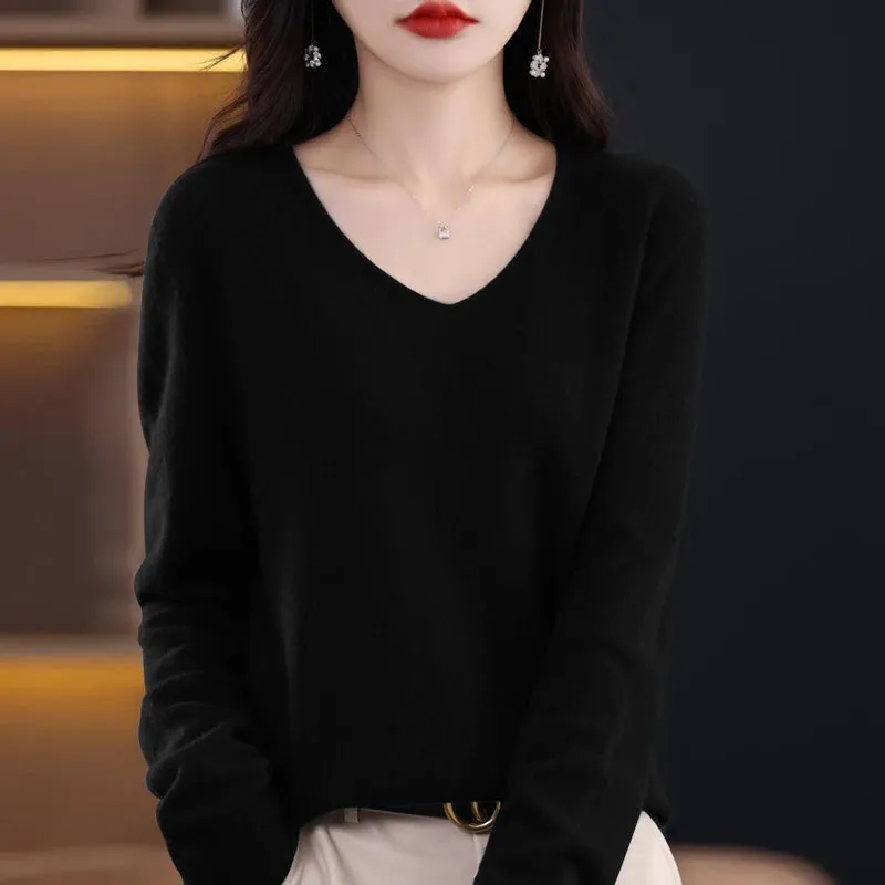Wolle Damen pullover 2023 Herbst Winter Strick pullover V-Ausschnitt Loose Bottom ing Shirt solide weiche Strick pullover Basic Pullover