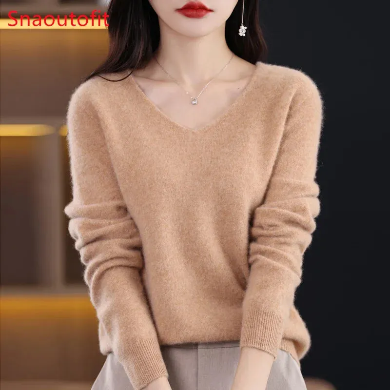 Wolle Damen pullover 2023 Herbst Winter Strick pullover V-Ausschnitt Loose Bottom ing Shirt solide weiche Strick pullover Basic Pullover