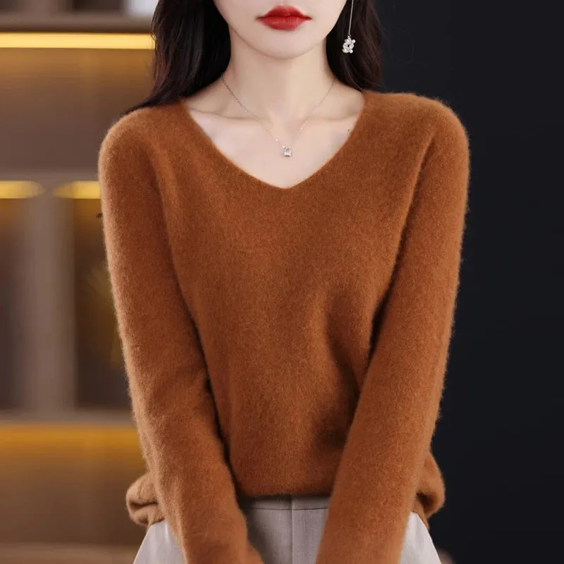 Wolle Damen pullover 2023 Herbst Winter Strick pullover V-Ausschnitt Loose Bottom ing Shirt solide weiche Strick pullover Basic Pullover
