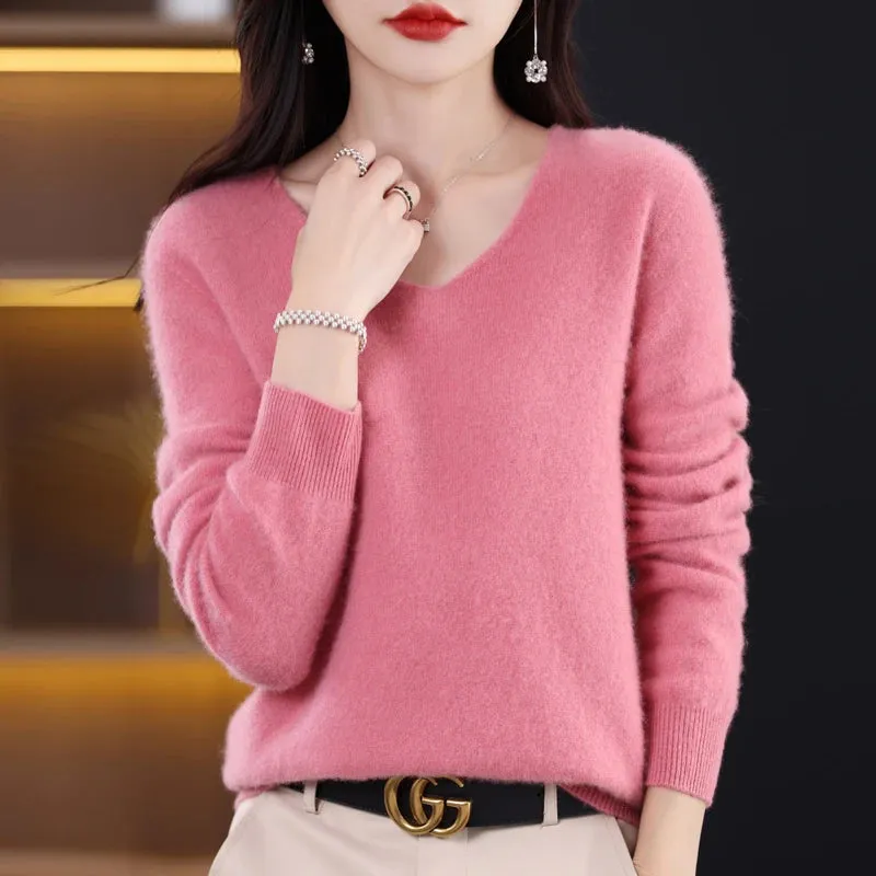Wolle Damen pullover 2023 Herbst Winter Strick pullover V-Ausschnitt Loose Bottom ing Shirt solide weiche Strick pullover Basic Pullover