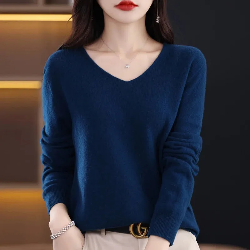 Wolle Damen pullover 2023 Herbst Winter Strick pullover V-Ausschnitt Loose Bottom ing Shirt solide weiche Strick pullover Basic Pullover