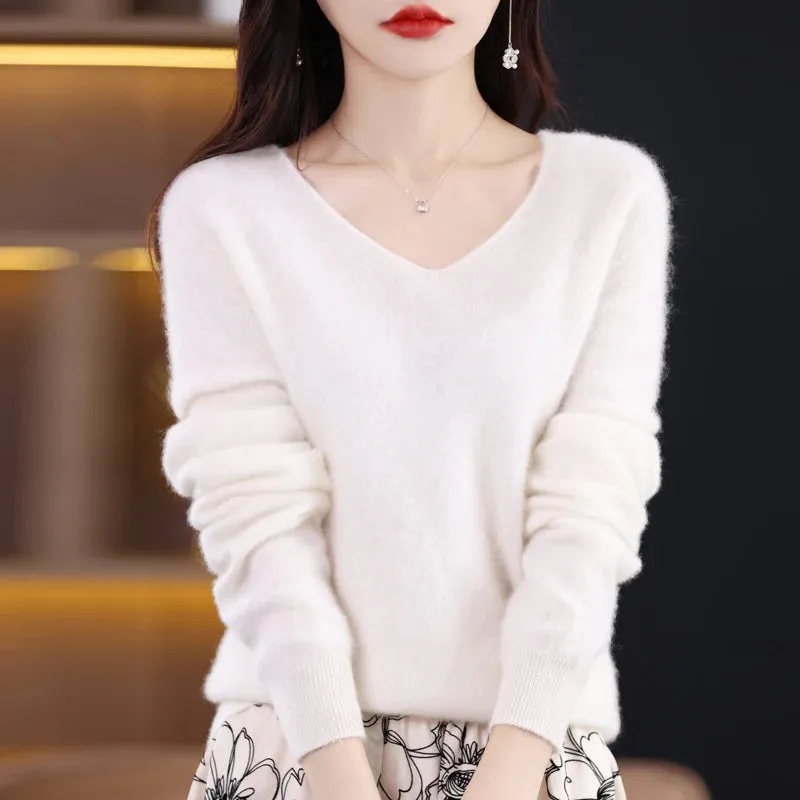 Wolle Damen pullover 2023 Herbst Winter Strick pullover V-Ausschnitt Loose Bottom ing Shirt solide weiche Strick pullover Basic Pullover