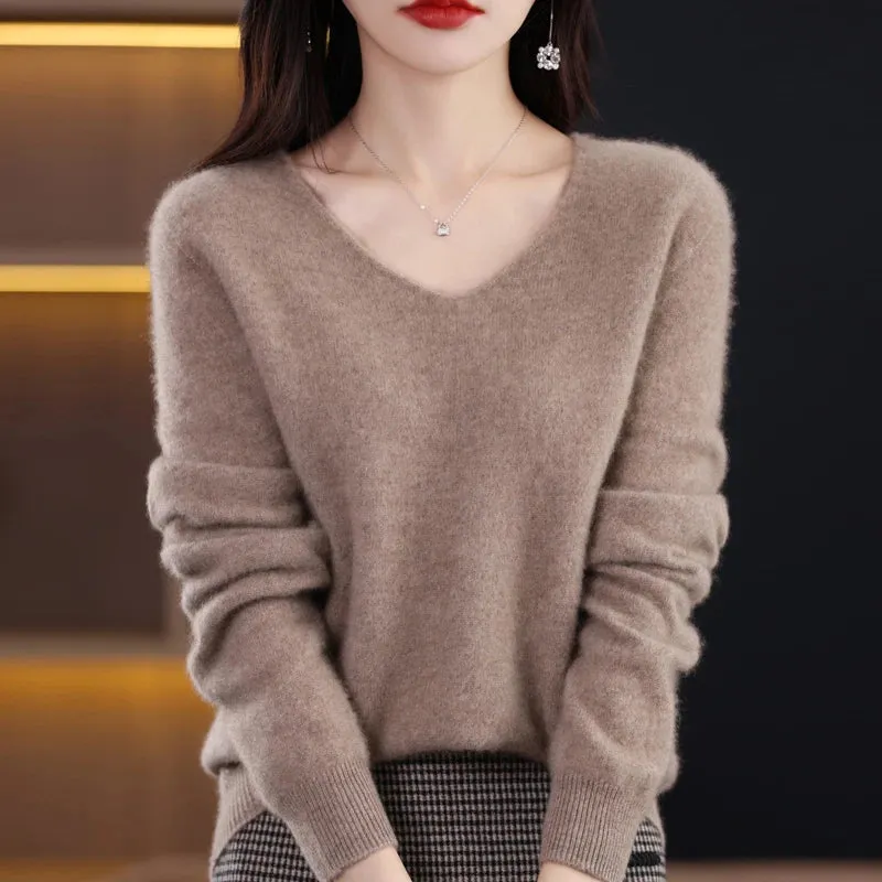 Wolle Damen pullover 2023 Herbst Winter Strick pullover V-Ausschnitt Loose Bottom ing Shirt solide weiche Strick pullover Basic Pullover