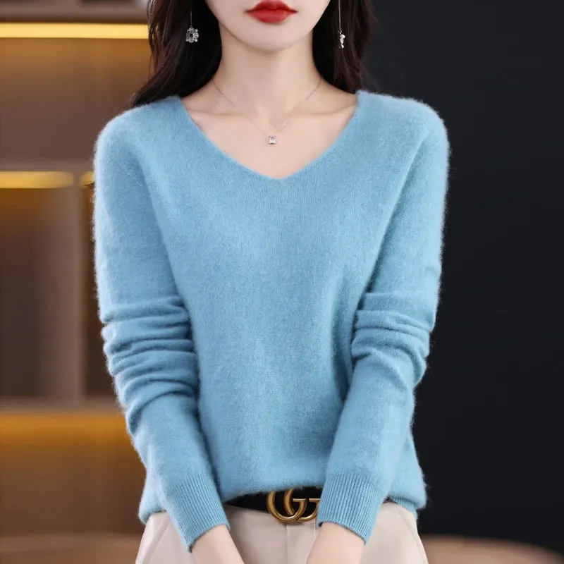 Wolle Damen pullover 2023 Herbst Winter Strick pullover V-Ausschnitt Loose Bottom ing Shirt solide weiche Strick pullover Basic Pullover