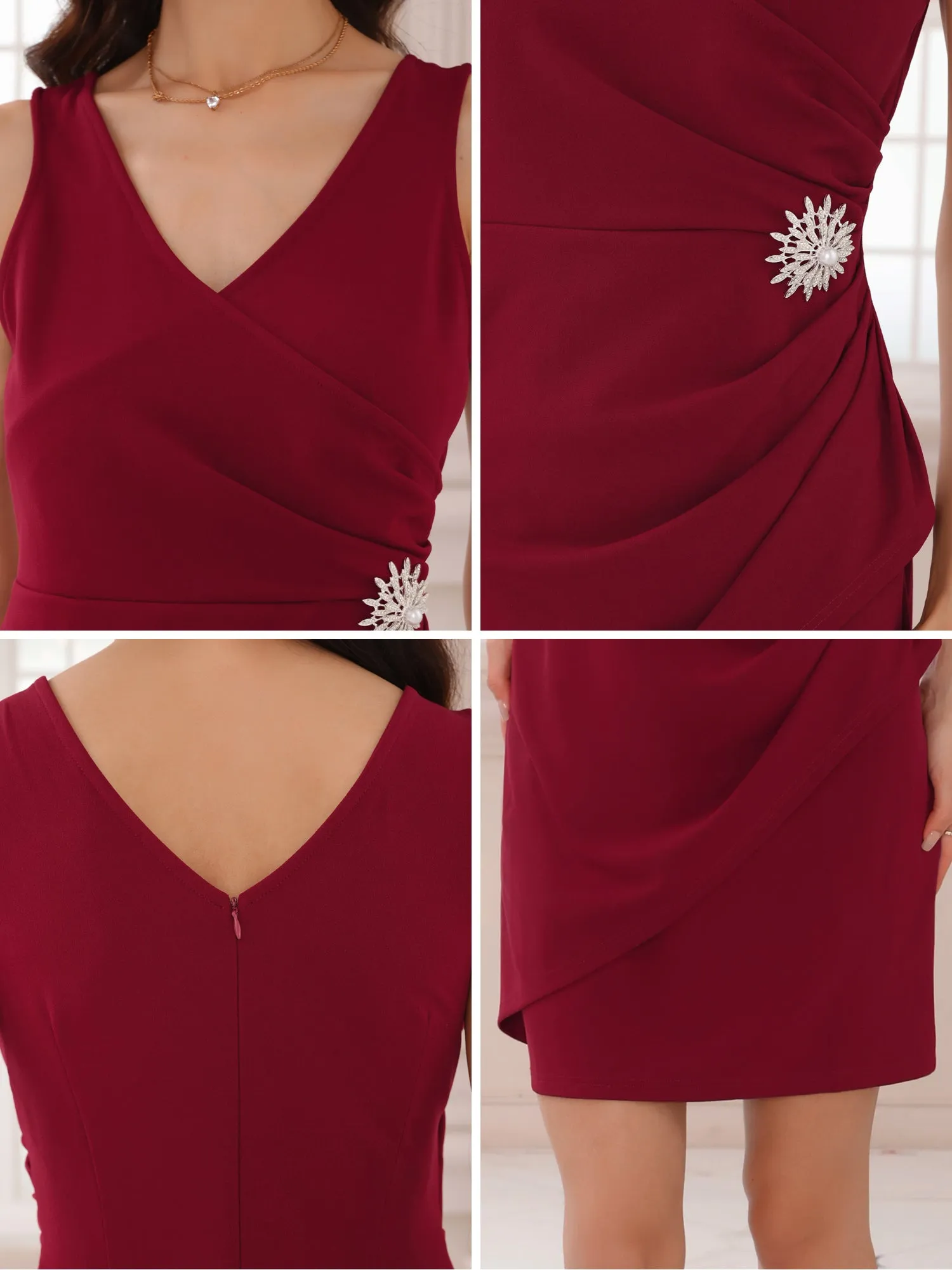 Women's Ruched Dress Faux Wrap V Neck Party Cocktail Sleeveless Sheath Dresses