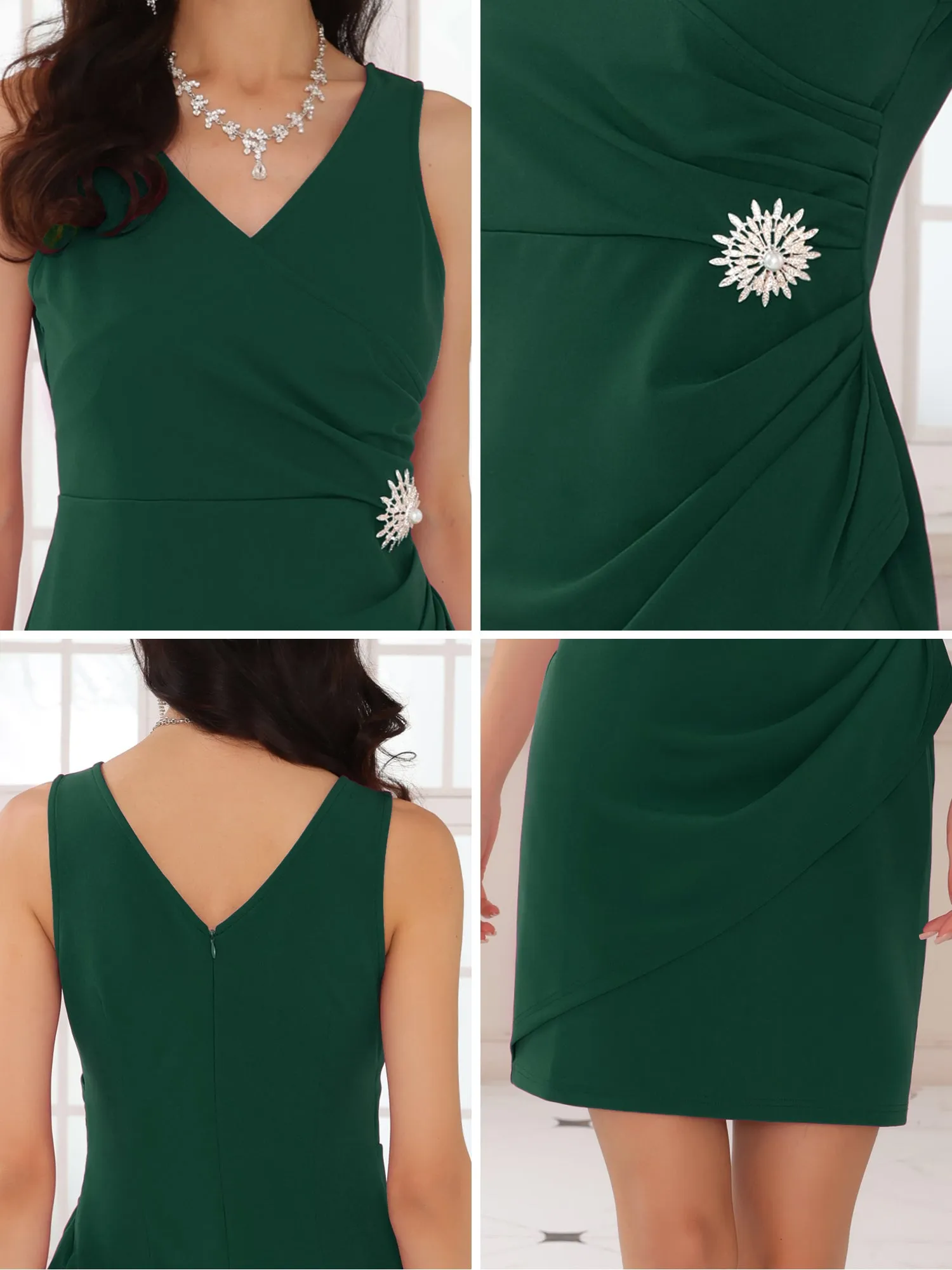 Women's Ruched Dress Faux Wrap V Neck Party Cocktail Sleeveless Sheath Dresses