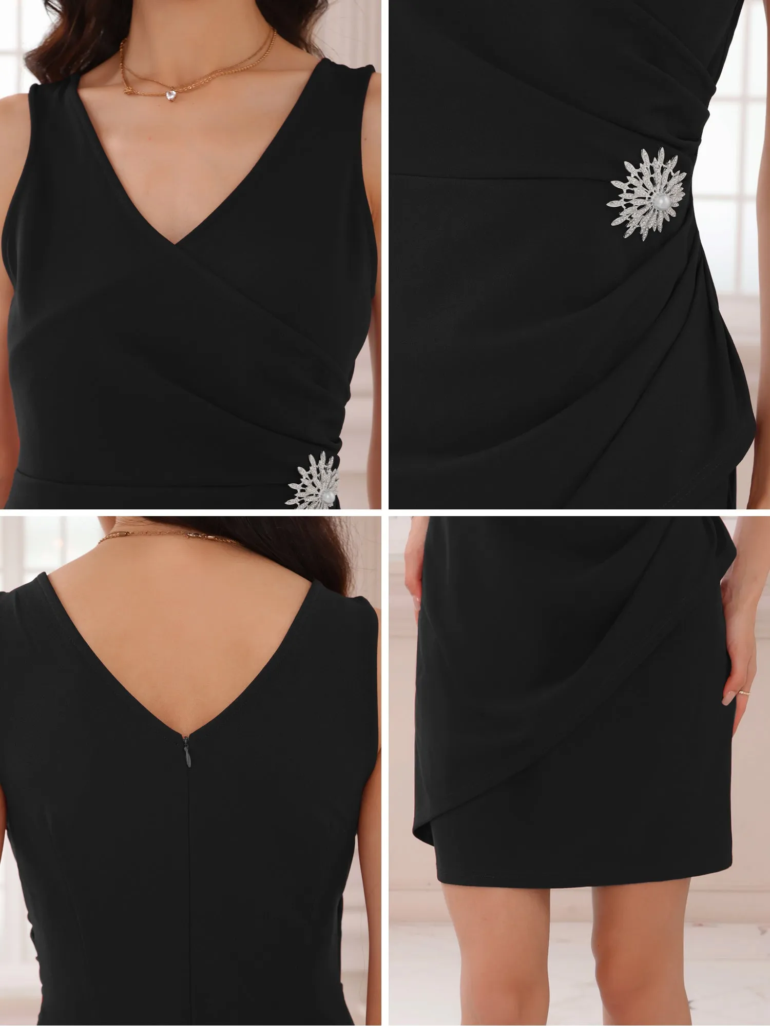 Women's Ruched Dress Faux Wrap V Neck Party Cocktail Sleeveless Sheath Dresses