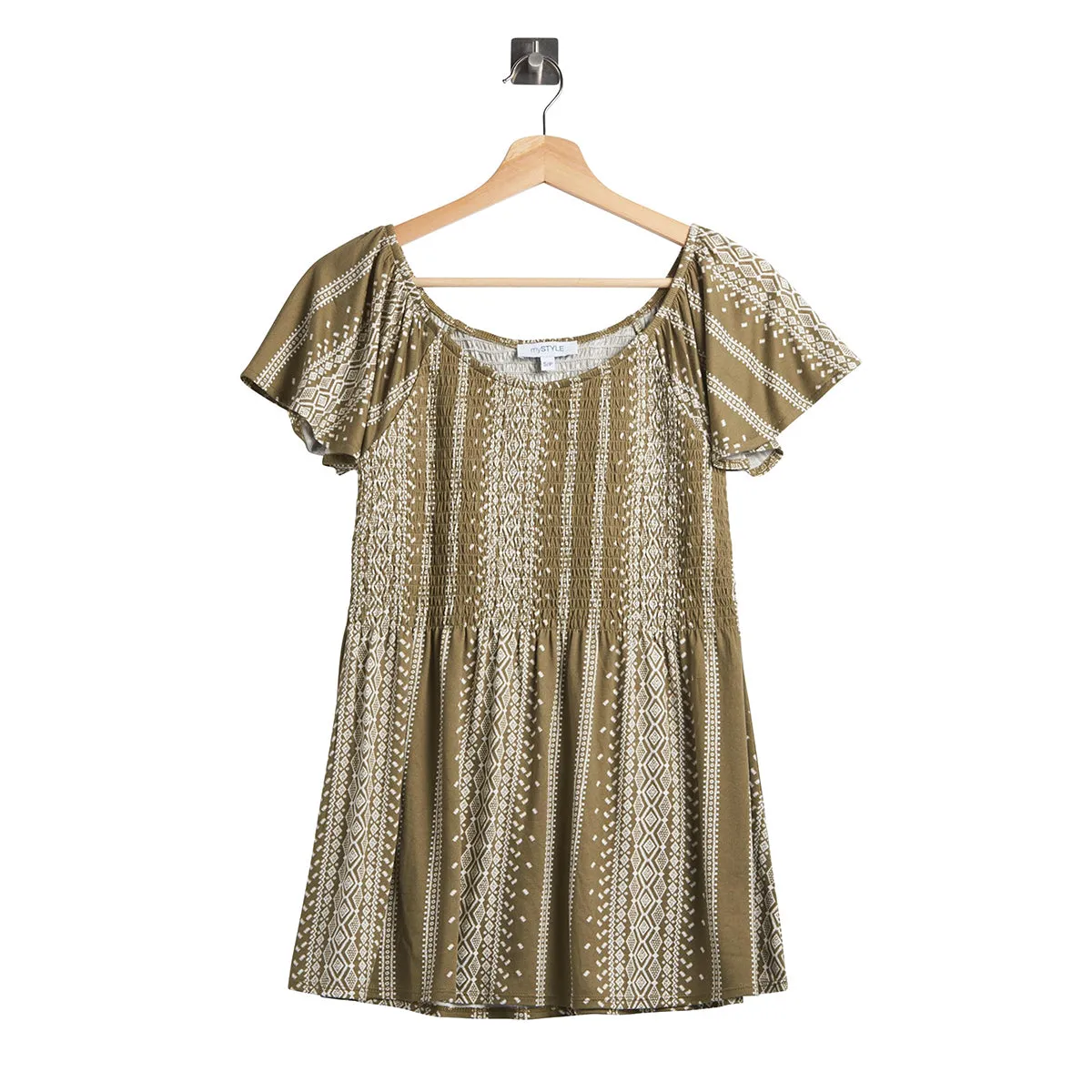 Womens Smocked Printed Round neck Short sleeves Top
