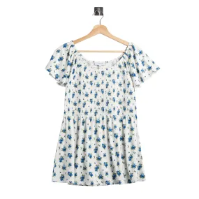 Womens Smocked Printed Round neck Short sleeves Top