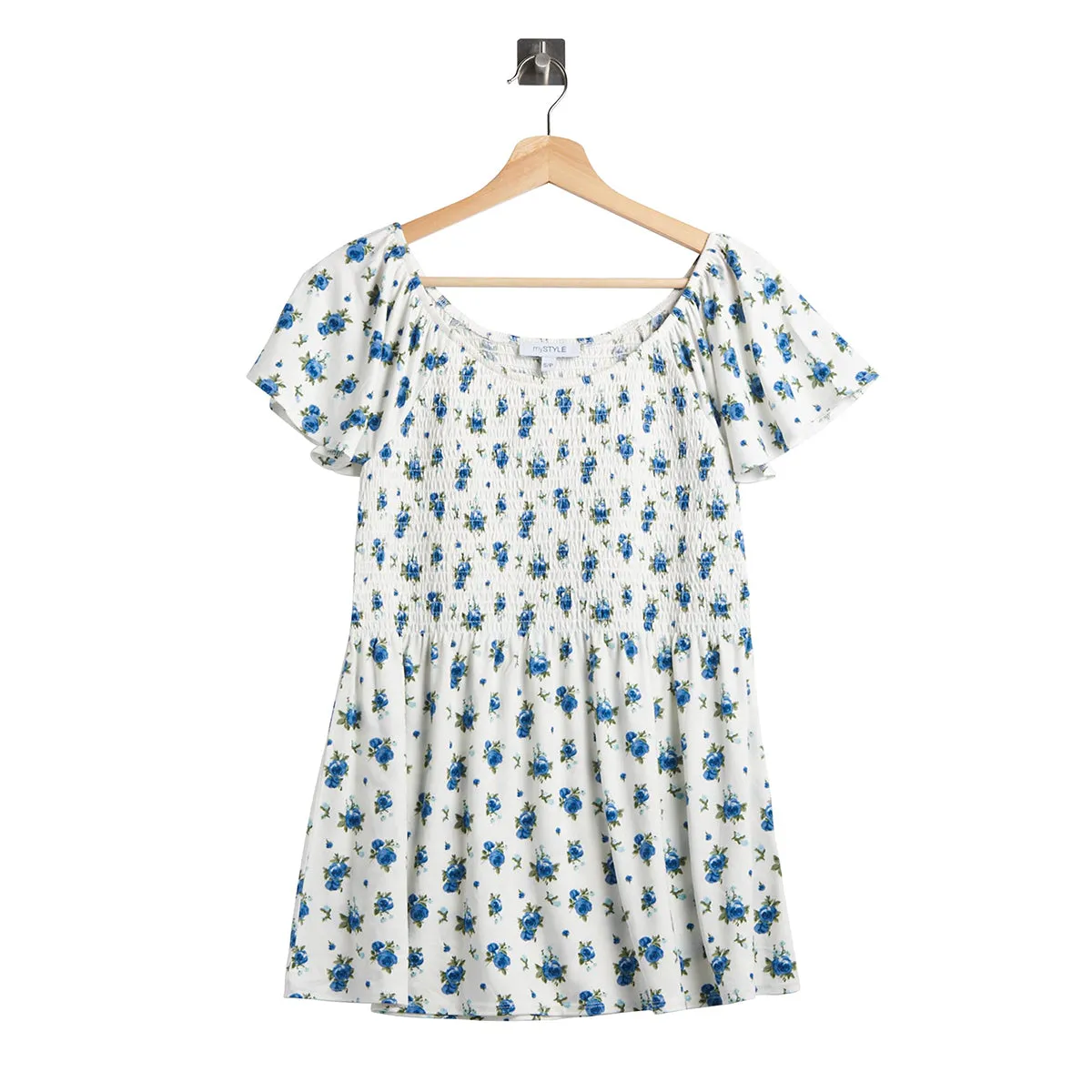 Womens Smocked Printed Round neck Short sleeves Top