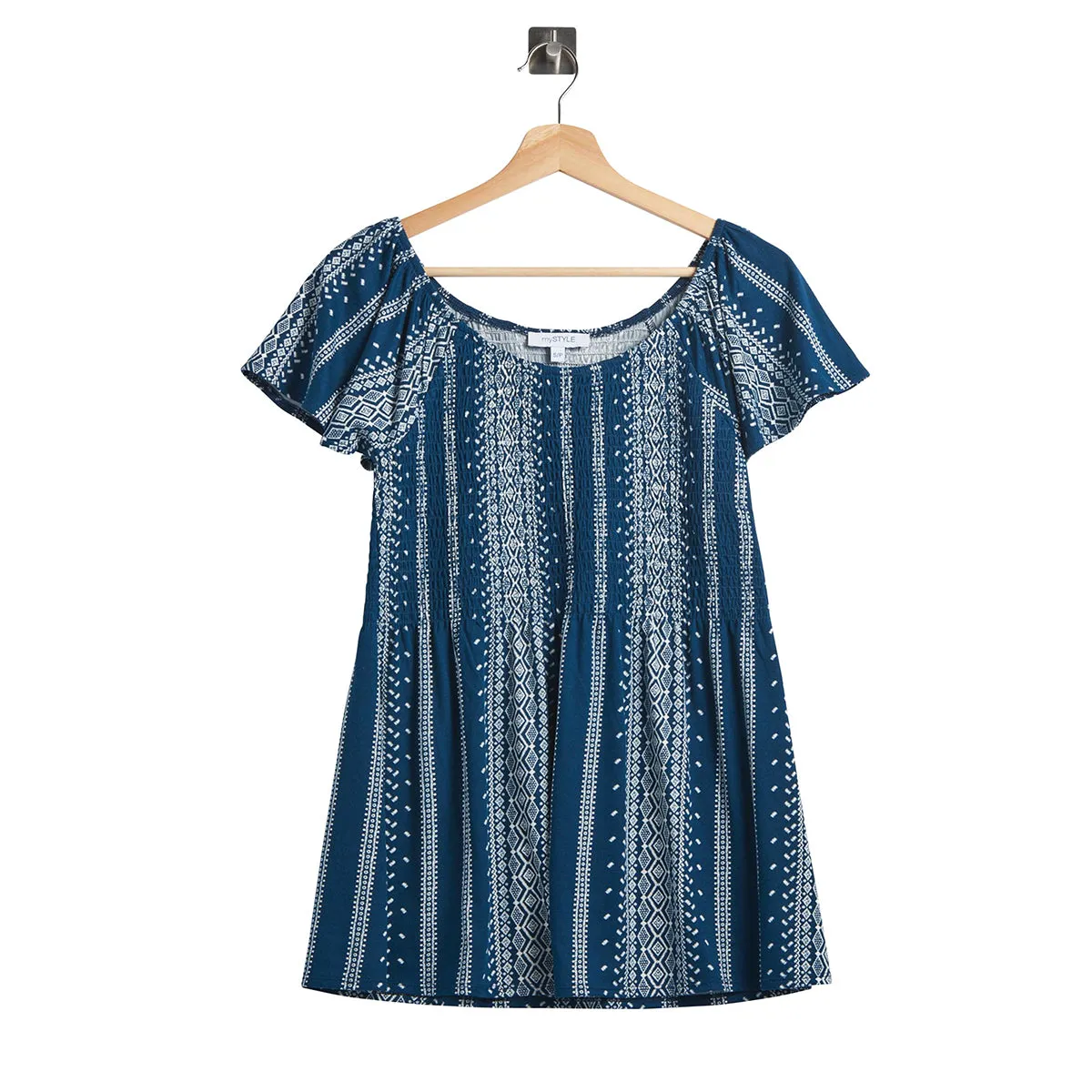 Womens Smocked Printed Round neck Short sleeves Top