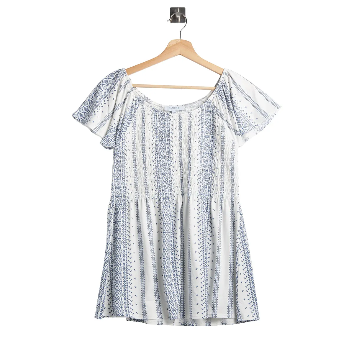 Womens Smocked Printed Round neck Short sleeves Top