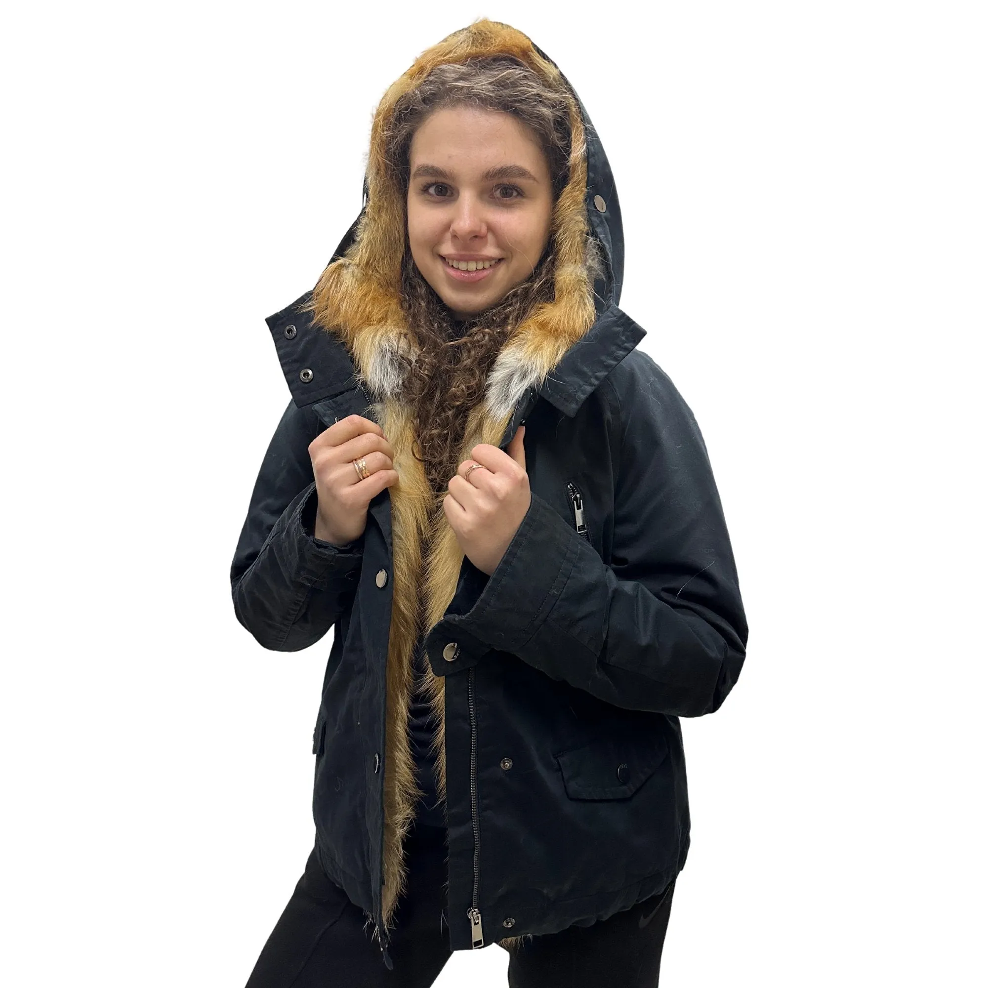 Women's Sporty Winter Jacket Coat with Hood and Natural Fur (S)
