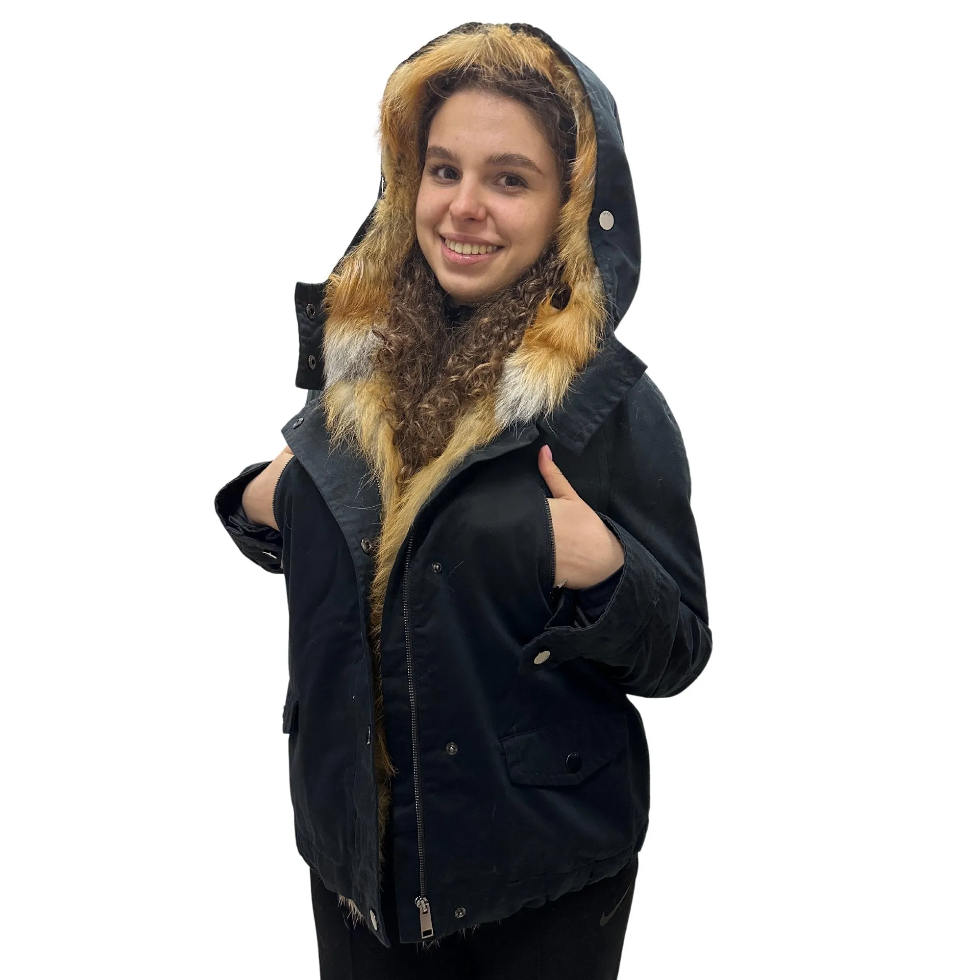 Women's Sporty Winter Jacket Coat with Hood and Natural Fur (S)