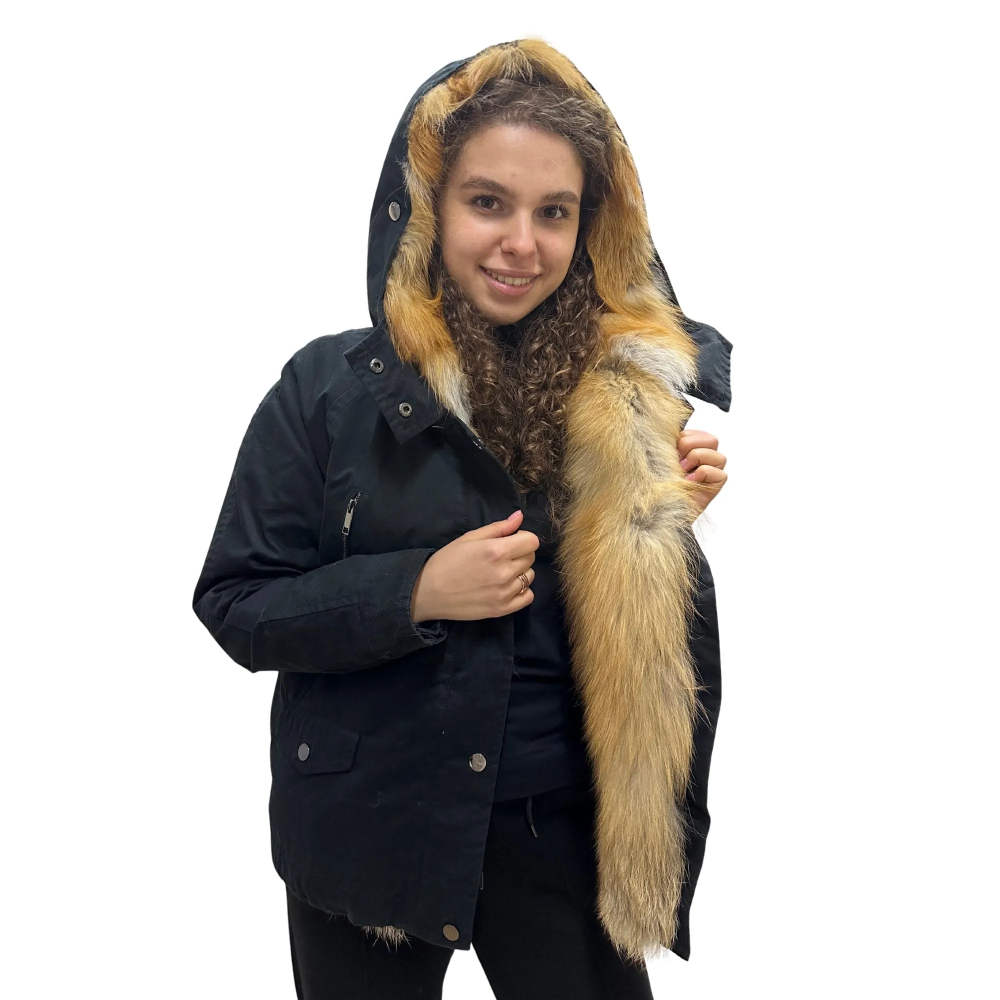 Women's Sporty Winter Jacket Coat with Hood and Natural Fur (S)