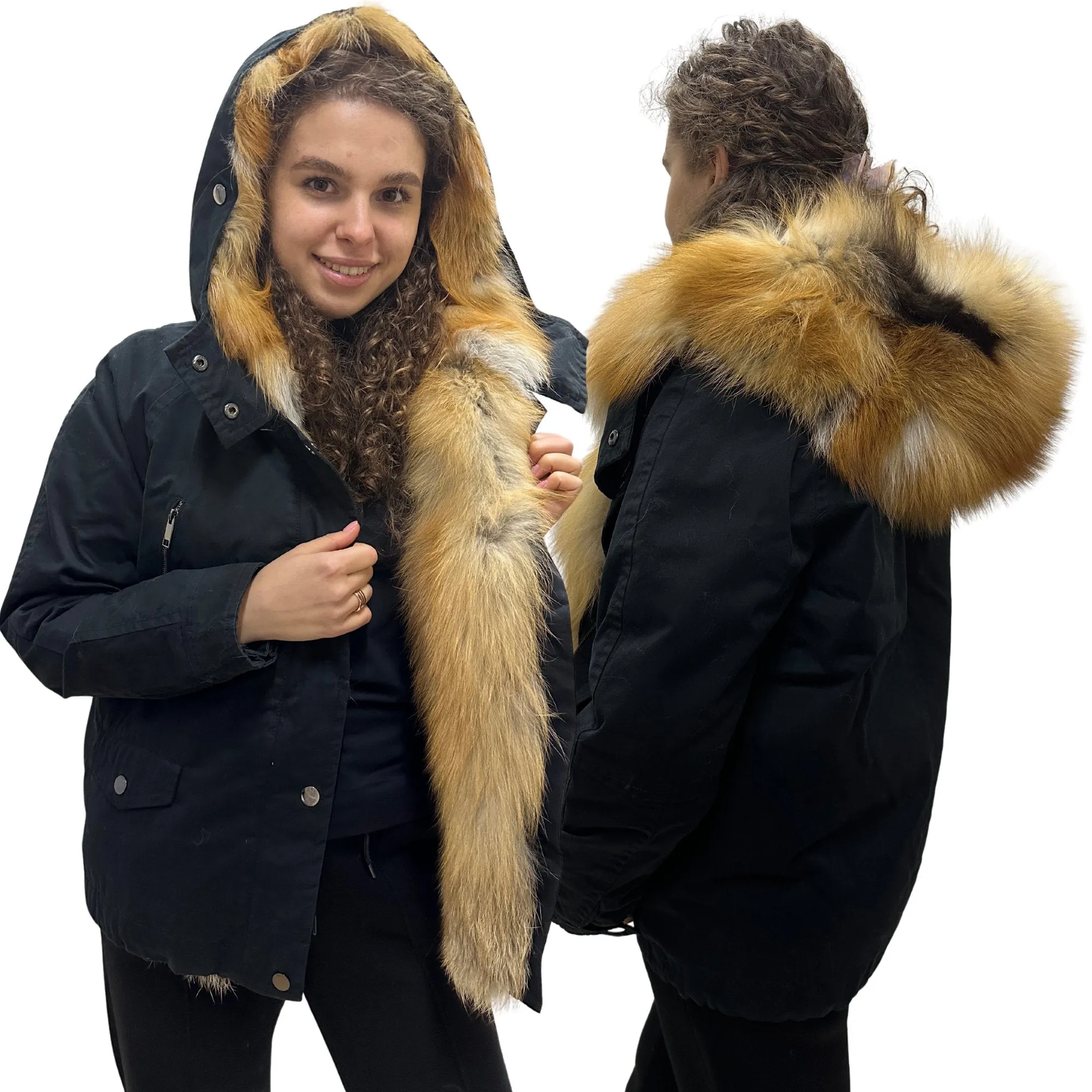 Women's Sporty Winter Jacket Coat with Hood and Natural Fur (S)