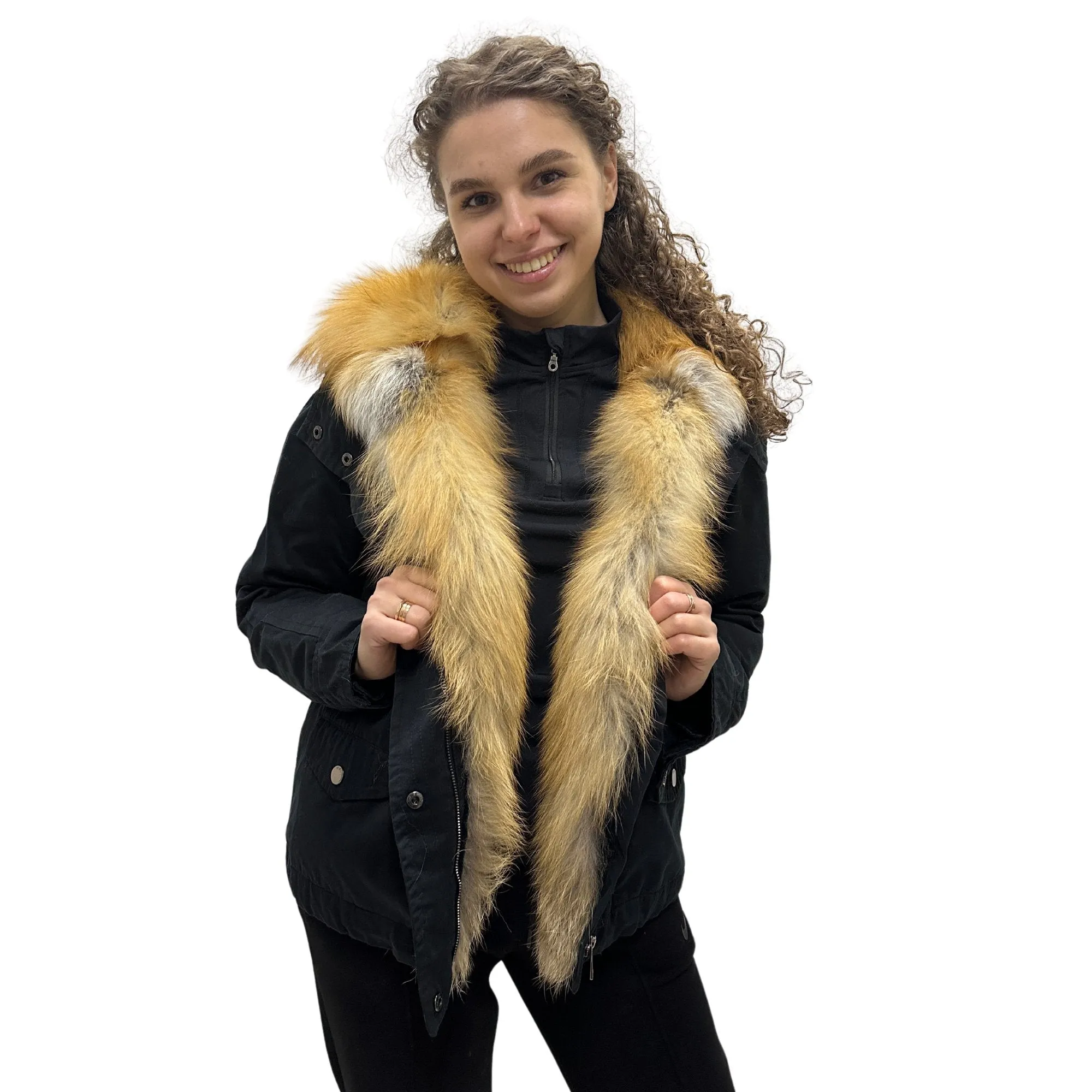 Women's Sporty Winter Jacket Coat with Hood and Natural Fur (S)