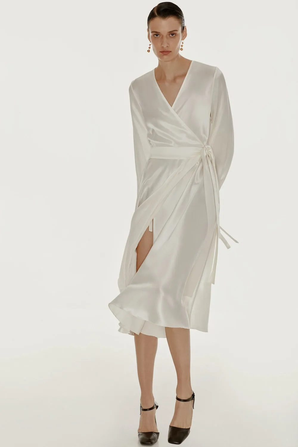 Wrap silk dress in white