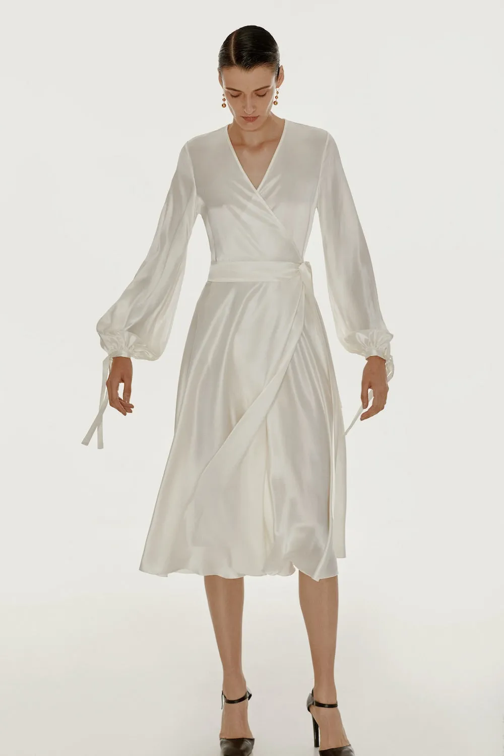 Wrap silk dress in white